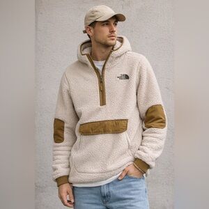 The North Face Sherpa Fleece Pullover Hoodie Mens L Beige Brown Half Zip